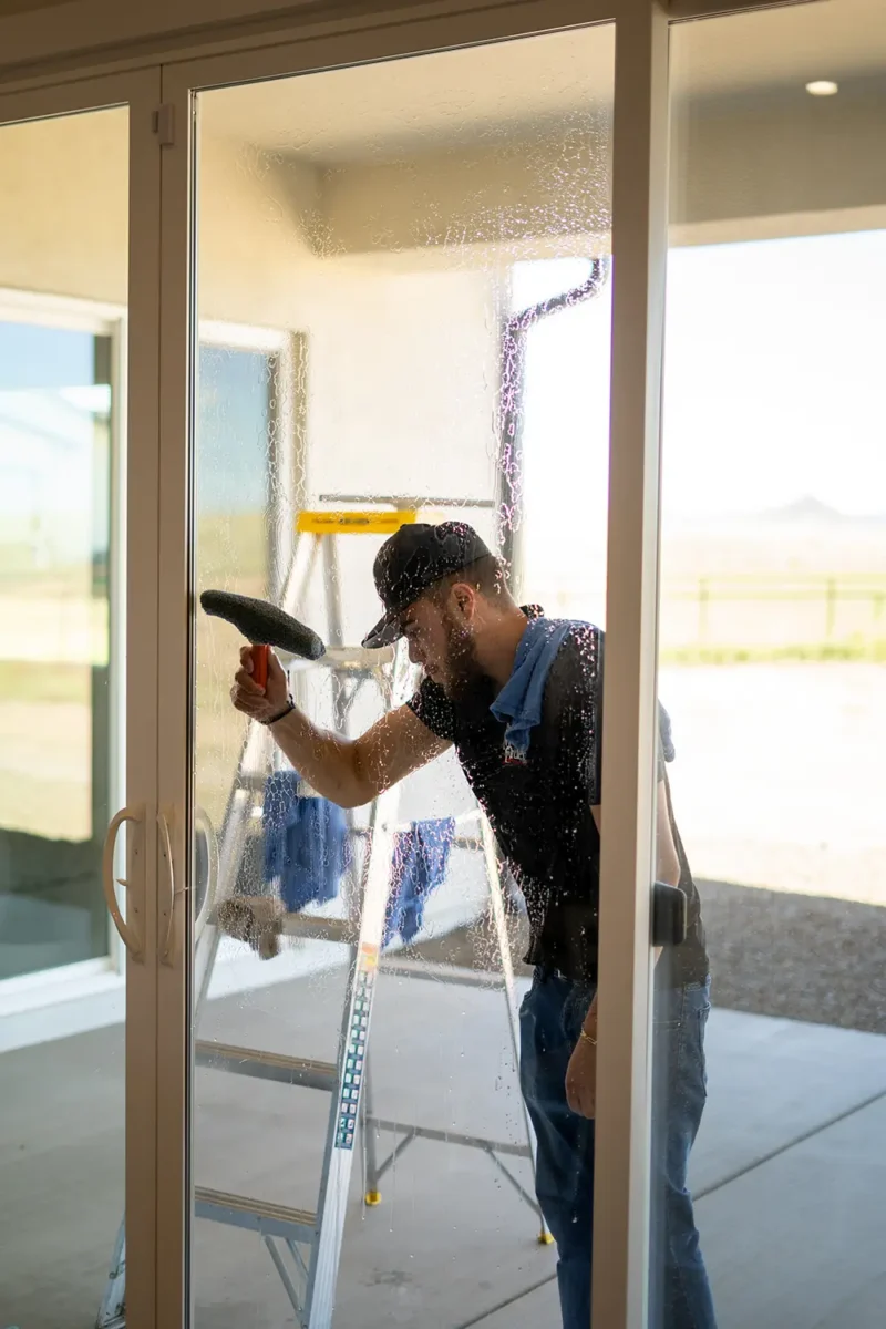 Man cleaning exterior house windows streak-free for a residential client in Sedona AZ